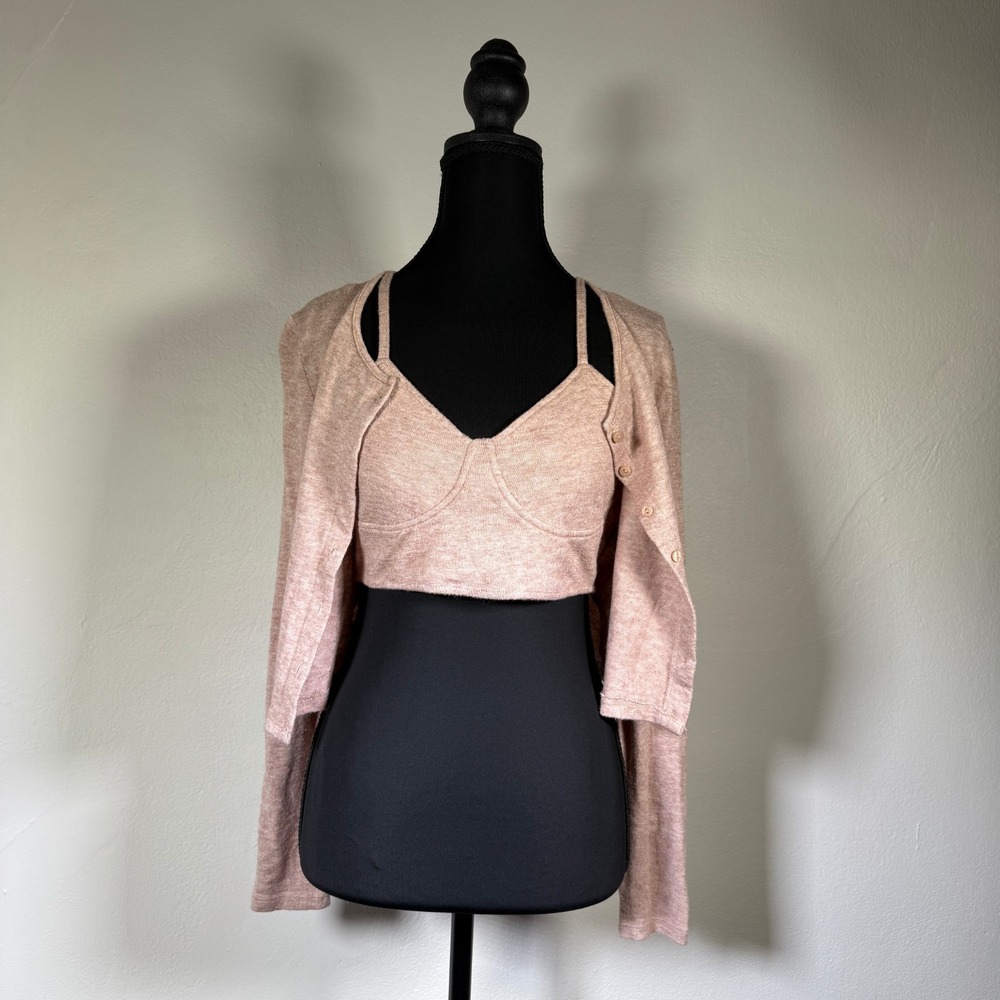 Zara Sweater‎ Set Womens Large Beige Crop Top Cardigan Bralette